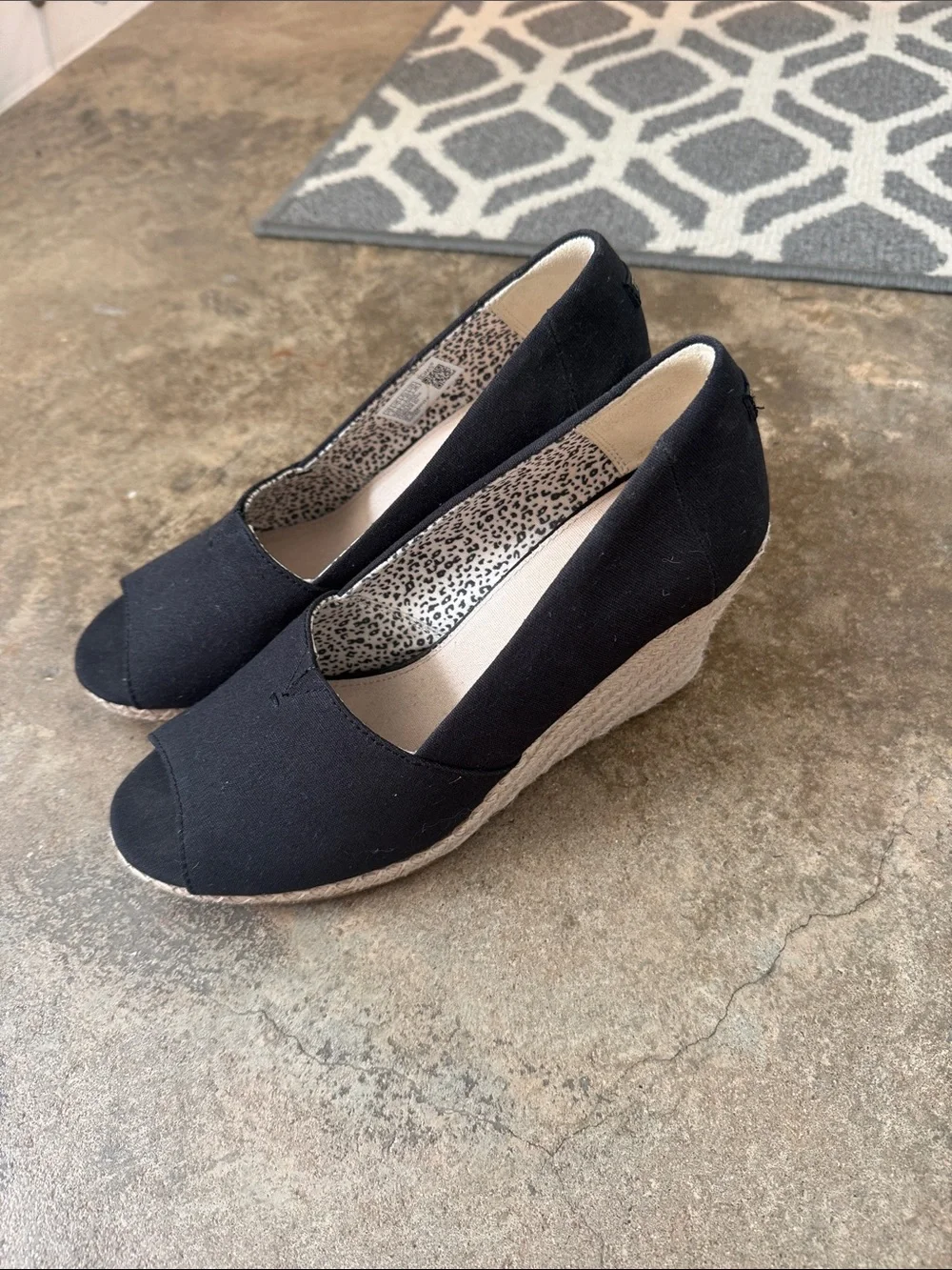 Toms Black Canvas Peep-Toe Espadrille Wedges